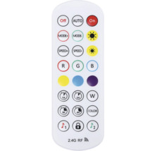 Fernbedienung mit Tasten für Ein, Aus, Automatik, Modus, Geschwindigkeit, Farben und Timer-Einstellungen.