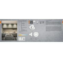 Verpackung für LED-Einbaustrahler zur Deckenmontage, mit technischen Details und Anwendungsbeispiel in einer Küche.