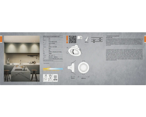 Verpackung für LED-Einbaustrahler zur Deckenmontage, mit technischen Details und Anwendungsbeispiel in einer Küche.