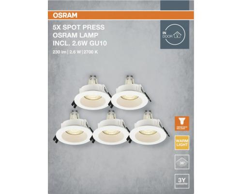 Cinq lampes Osram Spot Press comprenant une lampe GU10 de 2,6 watts pour l'intérieur