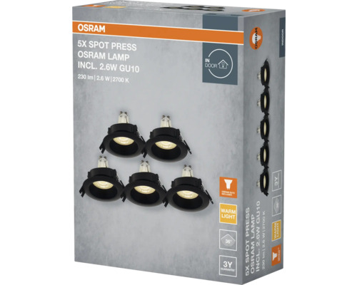 Verpackung mit fünf Osram Spot Press Lampen inklusive GU10 Fassung für den Innenbereich