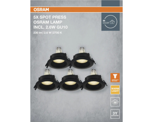 Fünf Osram Spot Press Lampen mit GU10 Fassung für den Innenbereich und drei Jahren Garantie