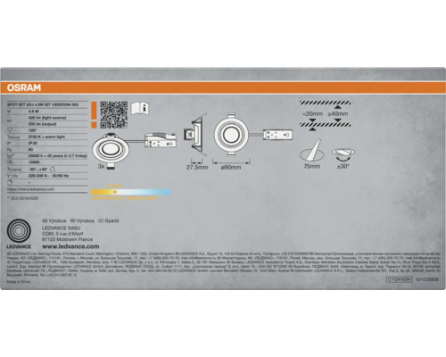 Technische Zeichnung einer Osram LED-Einbaustrahler-Garnitur mit 4,9 Watt, 2700 Kelvin und den Maßen 27,5 mm Tiefe und 90 mm Durchmesser