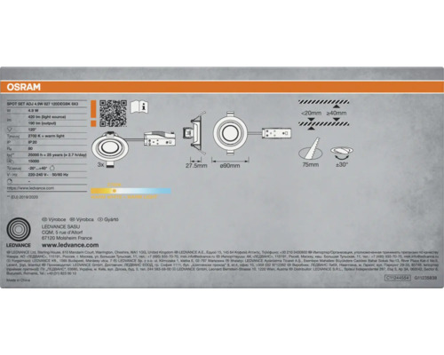 Technische Zeichnung eines Osram Spots mit den zugehörigen Produktdetails.