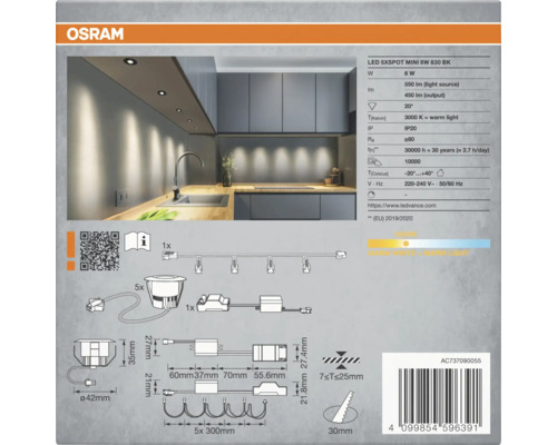 Osram Logo. LED-Einbaustrahler für den Innenbereich mit technischen Details und Abmessungen.