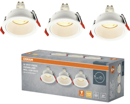 Drei Osram Spot Press Lampen mit GU10 Fassung und Verpackung