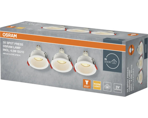 Packung mit drei Osram Spot Press Innenraumleuchten inklusive 4.5 Watt GU10 Leuchtmittel