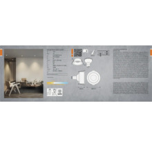 Technische Zeichnung eines LED-Spot-Sets mit Informationen zu Leistung, Lichtstrom, Farbtemperatur und Abmessungen