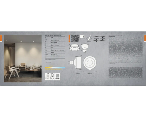 Technische Zeichnung eines LED-Spot-Sets mit Informationen zu Leistung, Lichtstrom, Farbtemperatur und Abmessungen