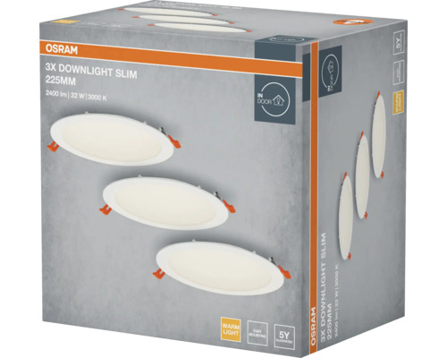 Verpackung mit drei Osram Downlights Slim, 225 Millimeter Durchmesser, 2400 Lumen, 22 Watt, 3000 Kelvin, geeignet für Innenräume, warmes Licht, einfache Montage, fünf Jahre Garantie