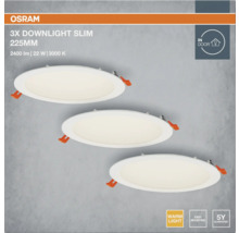 OSRAM 3er-Pack Slim Downlights, 225 mm Durchmesser, 2400 Lumen Lichtstrom, 22 Watt Leistung, 3000 Kelvin Farbtemperatur. Geeignet für Innenräume. Warmes Licht, einfache Montage, 5 Jahre Garantie.