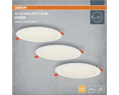 OSRAM 3er-Pack Slim Downlights, 225 mm Durchmesser, 2400 Lumen Lichtstrom, 22 Watt Leistung, 3000 Kelvin Farbtemperatur. Geeignet für Innenräume. Warmes Licht, einfache Montage, 5 Jahre Garantie.