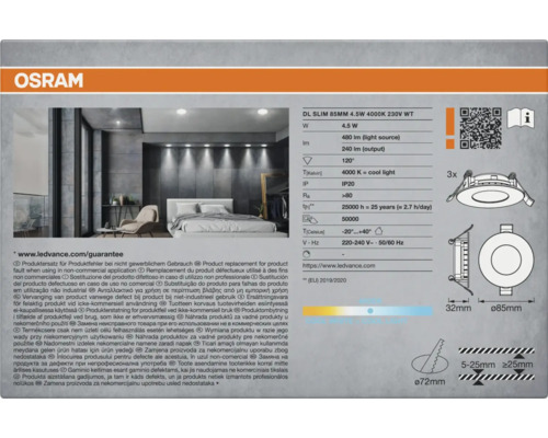 Logo Osram. Caractéristiques techniques du spot encastrable DL Slim 85 millimètres 4,5 watts 4000 kelvins.