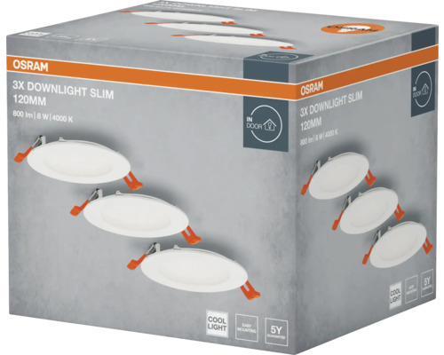 Verpackung mit drei Osram Downlights Slim, 120 Millimeter Durchmesser