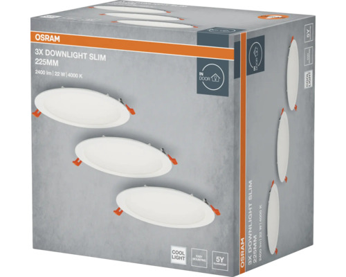 Verpackung von drei Osram Downlights, 225 mm Durchmesser, für den Innenbereich