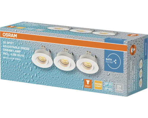 Verpackung von drei Osram Spots für das Badezimmer mit warmweissem Licht