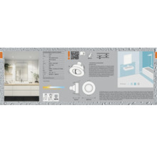 Technische Zeichnung einer LED Einbauleuchte mit Produktdetails und Anwendungsbeispielen für das Badezimmer