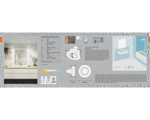 Technische Zeichnung einer LED Einbauleuchte mit Produktdetails und Anwendungsbeispielen für das Badezimmer