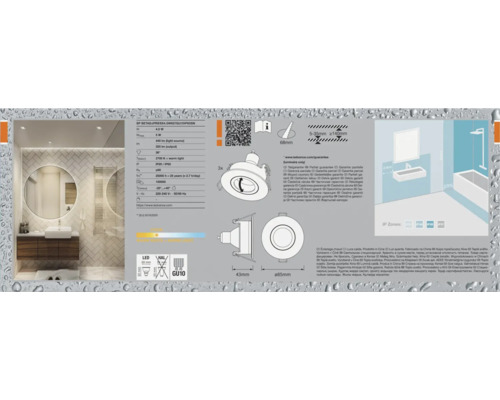 Produktverpackung LED Einbaustrahler mit Badbeispiel und technischen Informationen