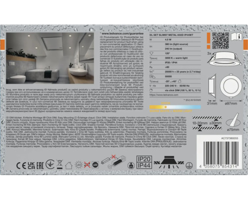 Produktverpackung DL SET SLIM97 METAL 830D IP44WT mit technischen Details und Merkmalen