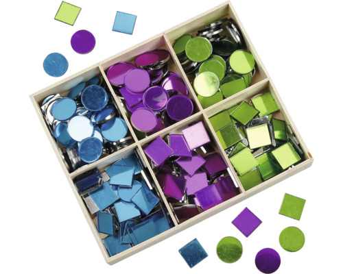 Sortierkasten mit Spiegelmosaiksteinen in Kreis- und Quadrat-Form