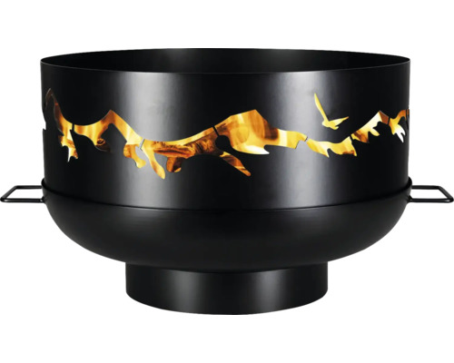 Feuerschale aus Metall mit Bergmotiv