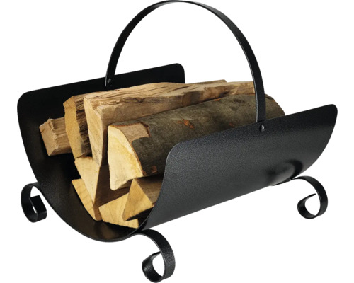 Brennholzkorb aus Metall mit Holzscheiten