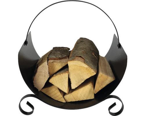 Brennholzkorb aus Metall mit Holzscheiten