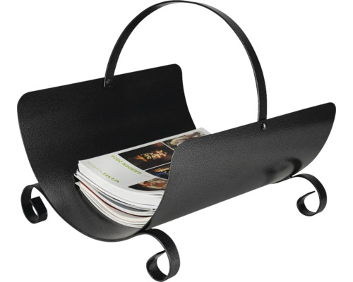 Schwarzer Kaminholzkorb aus Metall mit Tragegriff und Magazinen