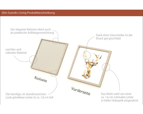 Produktbeschreibung Slim Scandic-Living: Vorder- und Rückseite eines Bilderrahmens mit Hirschmotiv