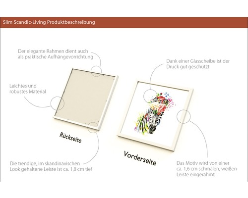 Produktbeschreibung Slim Scandic-Living: Vorder- und Rückseite eines Bilderrahmens mit Motiv