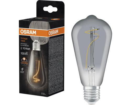 Osram Logo Vintage 1906 LED Edison Lampe, 3,4 Watt Smoke, 10 Watt, 100 Lumen, E27
