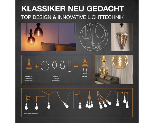 Produktbild mit verschiedenen Pendelleuchten Designs und Erläuterungen zur Kombination von Pendel und Lampe.
