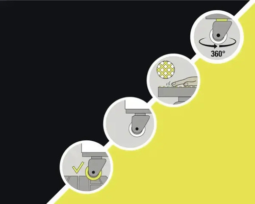 Symboles illustrant la rotation à 360 degrés, la texture de la surface et le montage correct des roulettes.