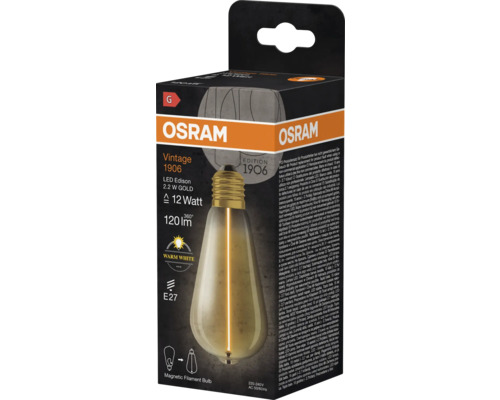 Verpackung einer Osram Vintage 1906 LED Edison Lampe mit 2,2 Watt in Gold und E27 Fassung