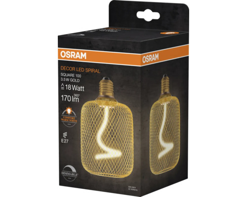 Lampe spirale LED décorative Osram de forme carrée, 3,5 watts, or, emballée