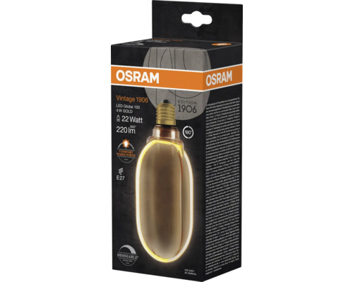 Verpackung einer Osram Vintage 1906 LED-Lampe, Globe 100, 4 Watt, warmweißes Licht, E27-Sockel, dimmbar