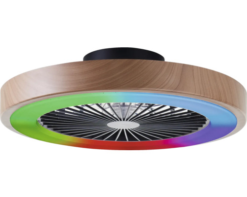 Deckenventilator mit Holzoptik und farbiger LED-Beleuchtung