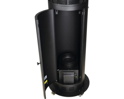 Radiateur de terrasse noir avec porte ouverte