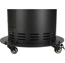 Vue détaillée d'un chauffage de terrasse avec roulettes pour l'extérieur.