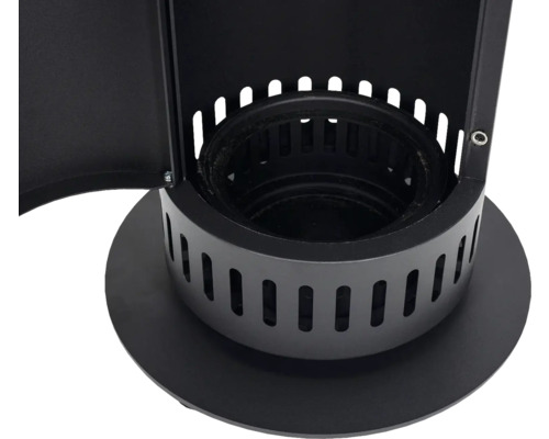 Vue détaillée d'un chauffage de terrasse avec base ronde et chambre de chauffe