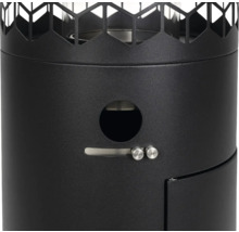 Vue détaillée d'un radiateur de terrasse noir avec éléments de commande