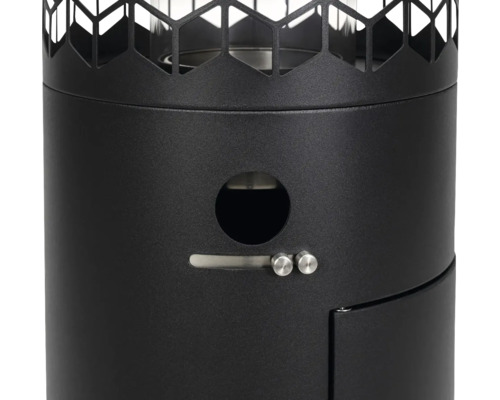 Vue détaillée d'un radiateur de terrasse noir avec éléments de commande