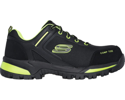 Logo Skechers sur chaussure de sécurité noire avec embout de protection