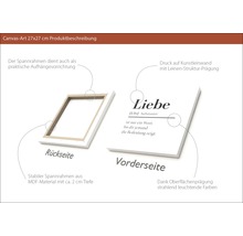 Canvasbild 27x27 cm mit der Definition von Liebe auf Leinwand gedruckt, Rückseite zeigt den Rahmen aus MDF-Material.