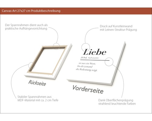 Canvasbild 27x27 cm mit der Definition von Liebe auf Leinwand gedruckt, Rückseite zeigt den Rahmen aus MDF-Material.