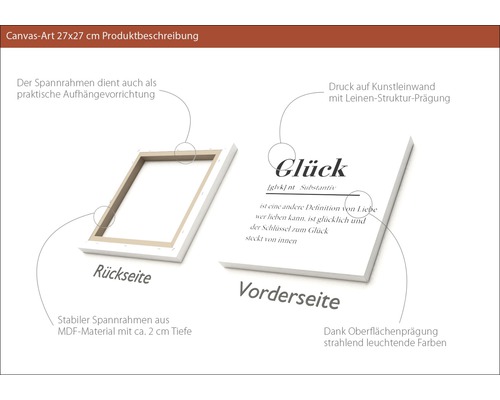 Description du produit d''une toile avec l''inscription Bonheur, détails sur le cadre et le matériau inclus