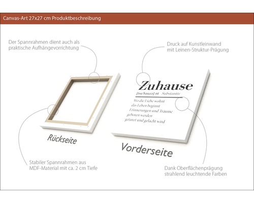 Image sur toile avec le mot Zuhause, encadrée avec un cadre en MDF