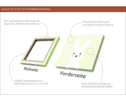 Leinwandbild 27x27 cm mit Hasenmotiv, Rückseite und Vorderseite dargestellt