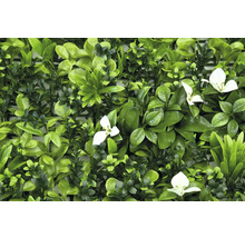 Künstliche Hecke mit grünen Blättern und weißen Blüten